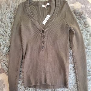 Madewell Ruffle-Cuff Henley Sweater, Olive, Size S